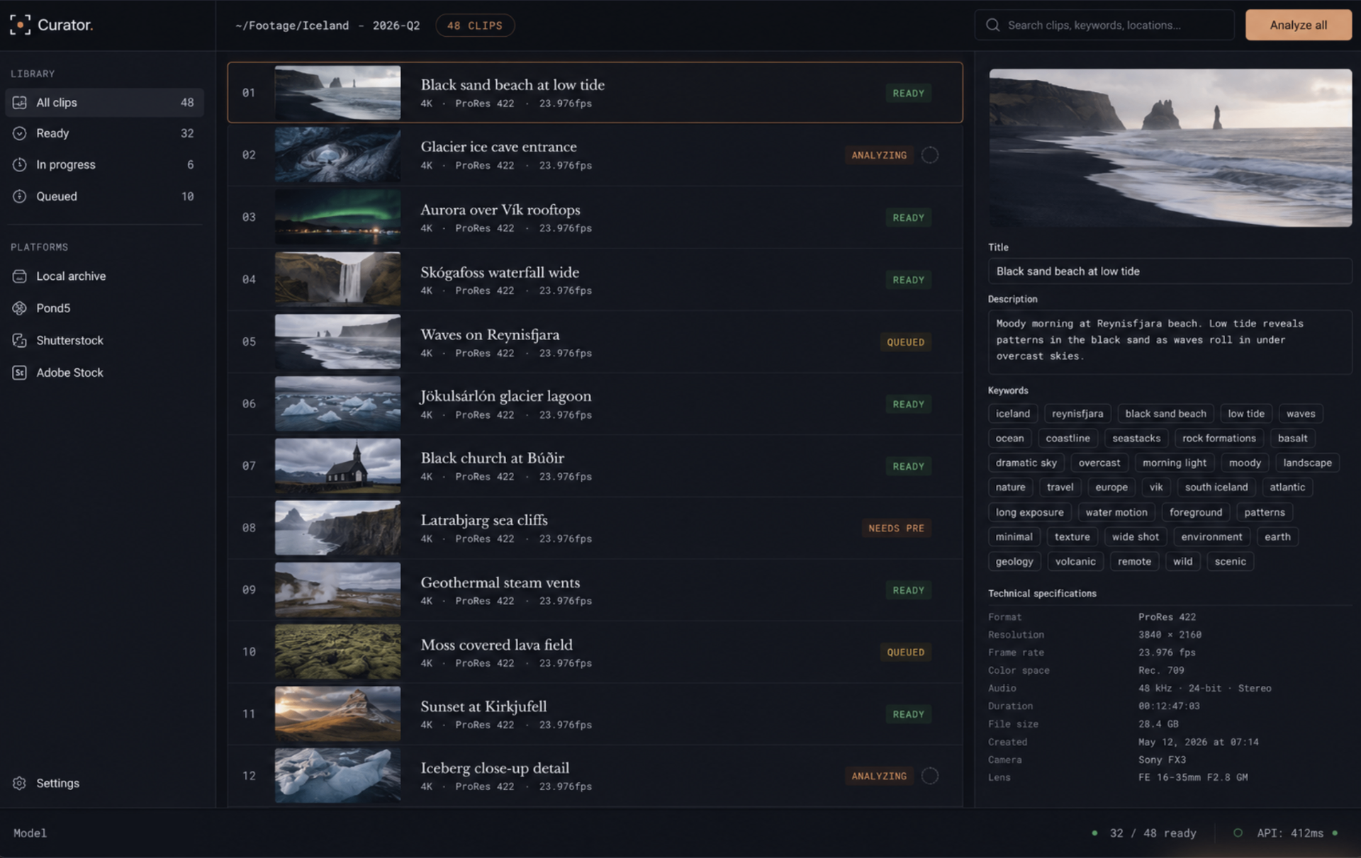 Curator app interface showing an Iceland footage library with clip metadata, keywords and technical specifications