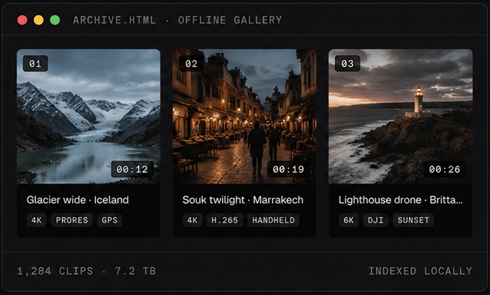archive.html offline gallery preview with browsable footage clips