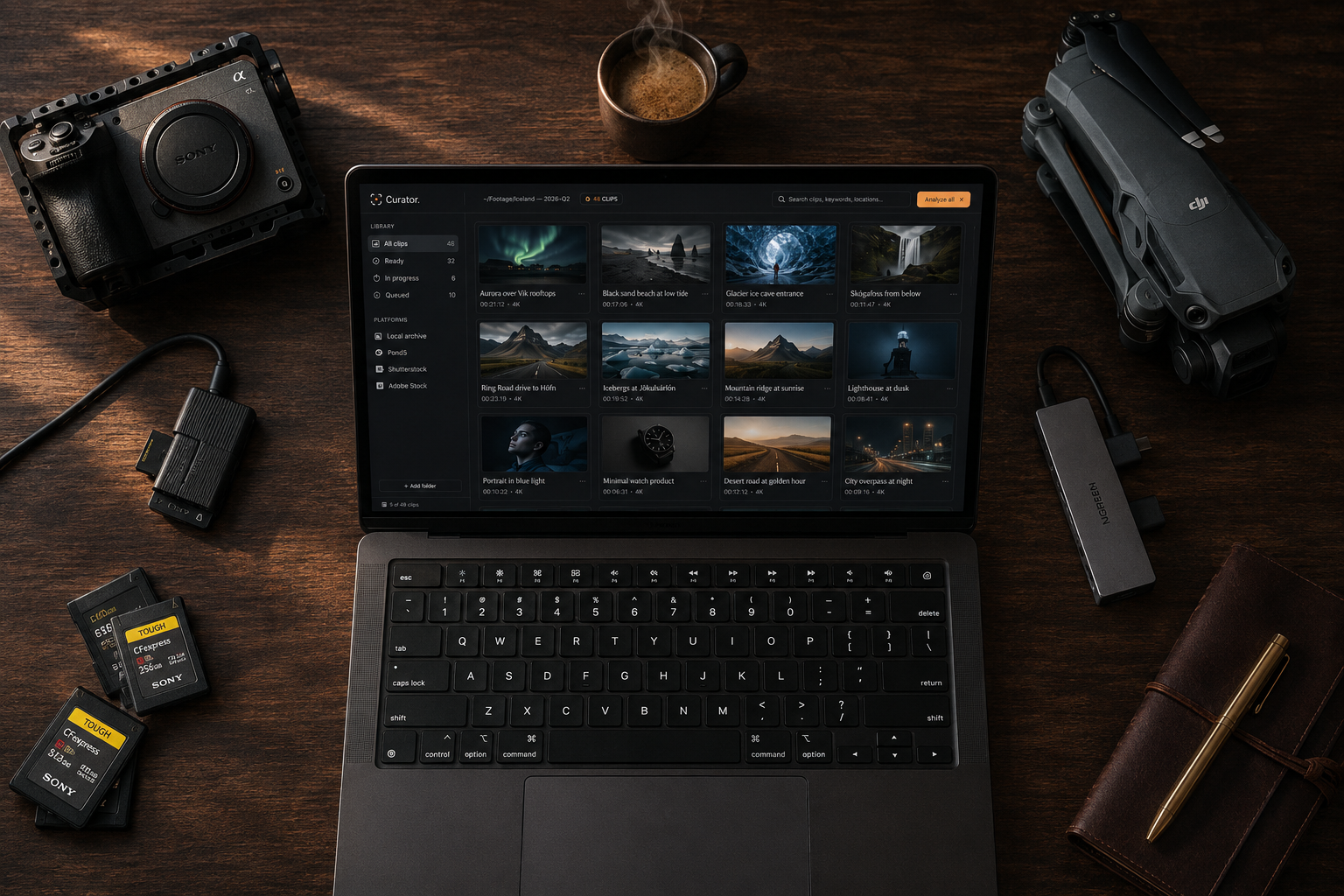 Curator running on a MacBook surrounded by a Sony cinema camera, DJI drone, CFexpress cards and a notebook on a dark wooden desk